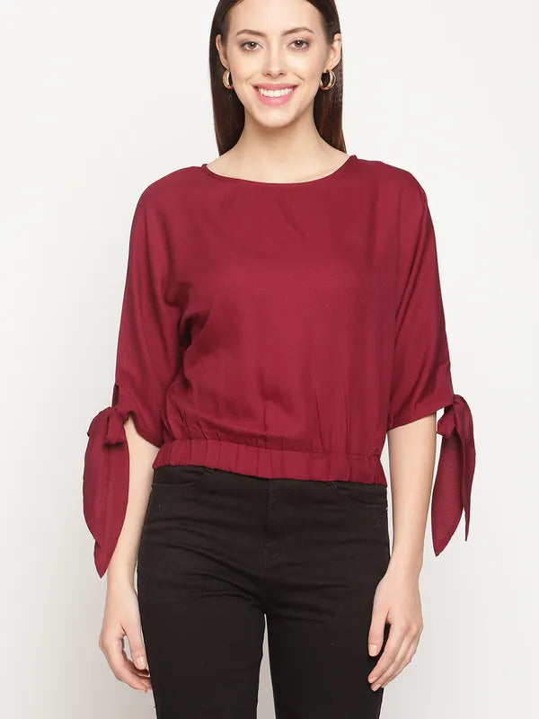 Mettle Women Maroon Crepe Blouson Top