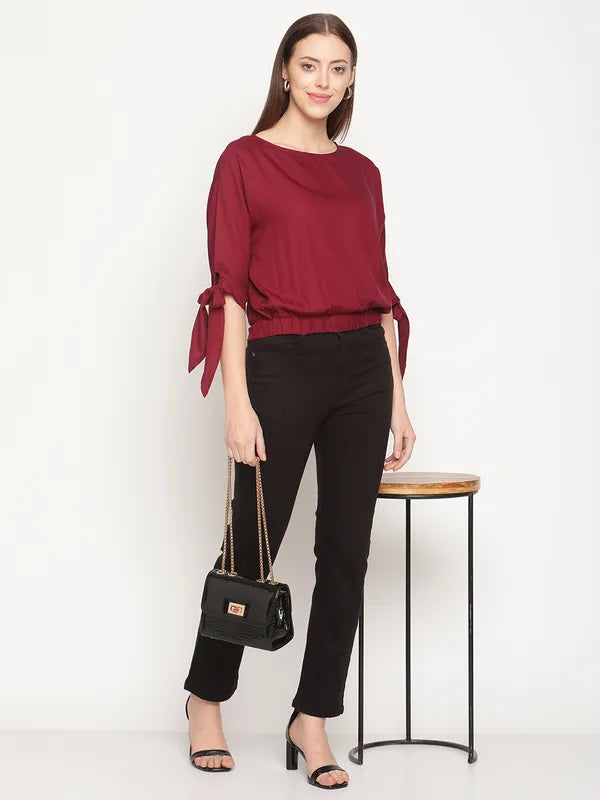 Mettle Women Maroon Crepe Blouson Top