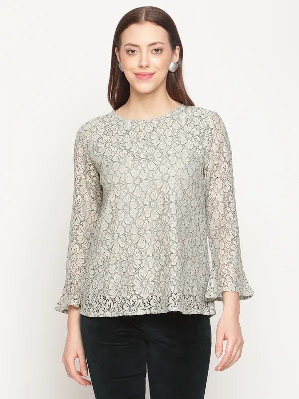 Mettle Olive Green Floral Lace Top