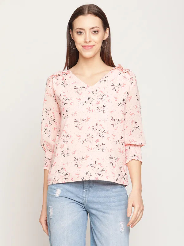 Mettle Women Pink Floral Printed Ruffles Top