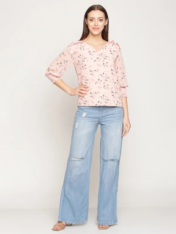 Mettle Women Pink Floral Printed Ruffles Top