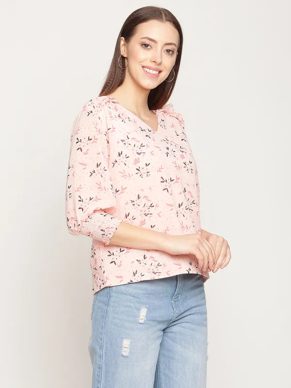 Mettle Women Pink Floral Printed Ruffles Top