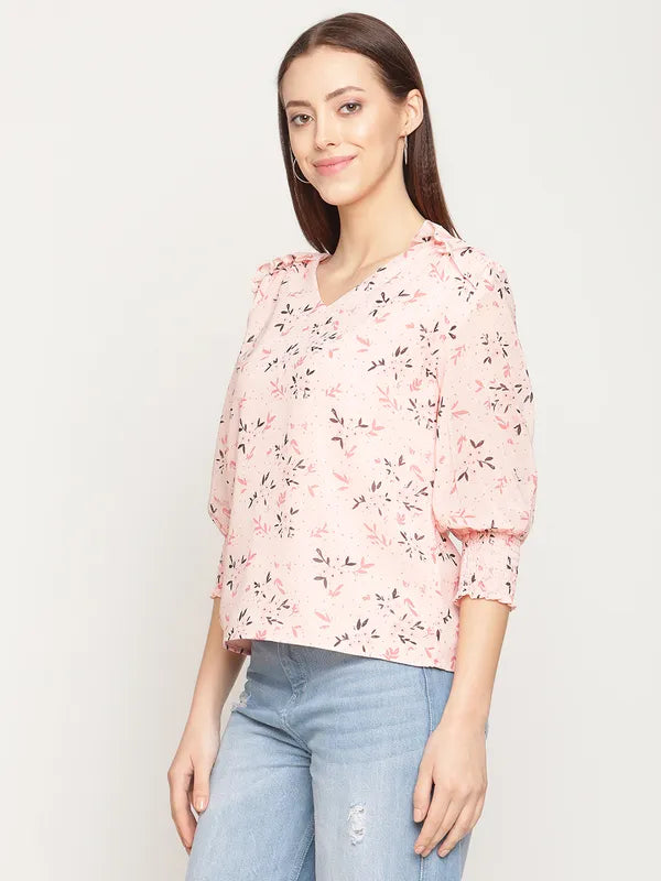 Mettle Women Pink Floral Printed Ruffles Top