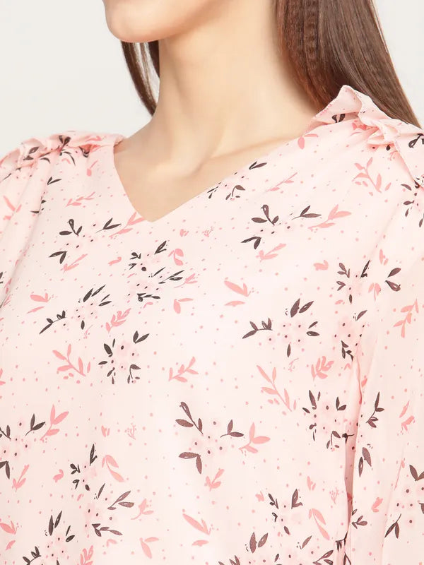 Mettle Women Pink Floral Printed Ruffles Top