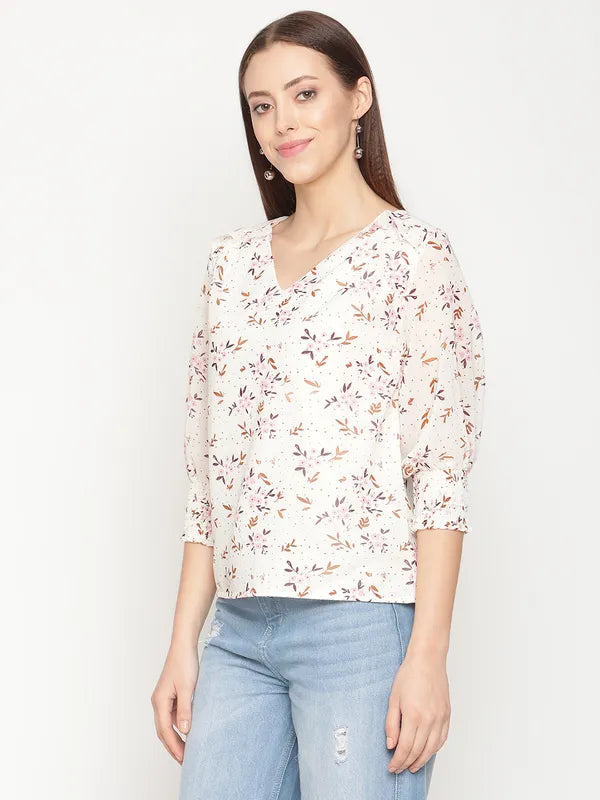 Mettle Women White Floral Print Georgette Top