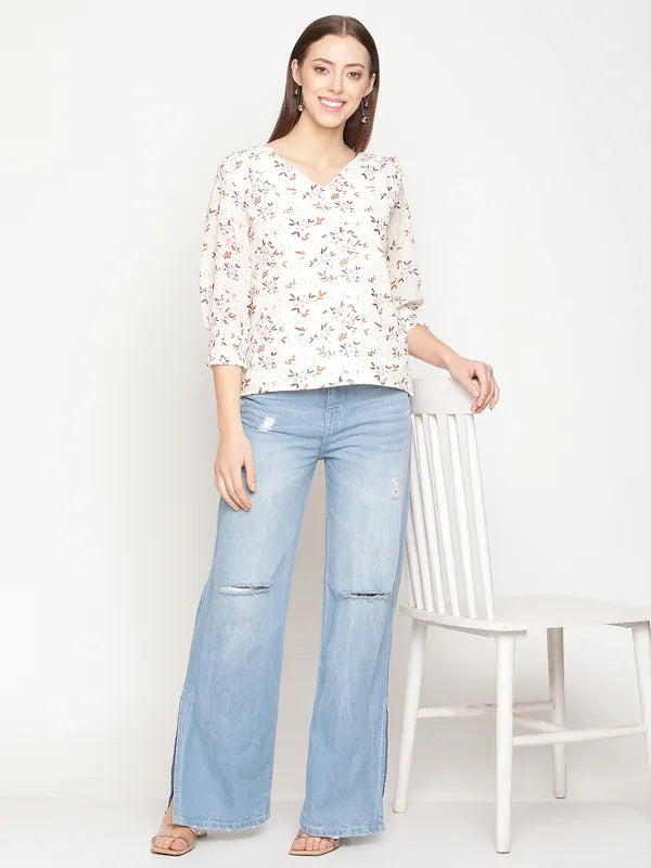 Mettle Women White Floral Print Georgette Top