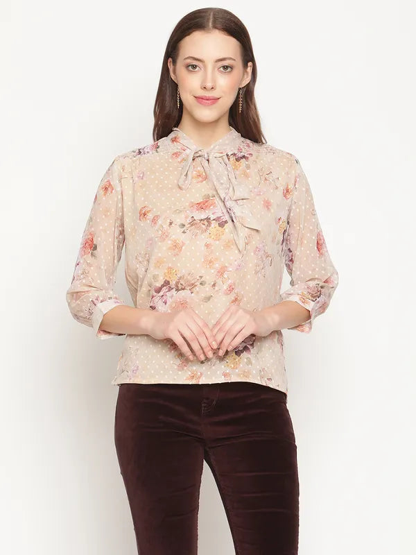 Mettle Women Brown Floral Print Tie-Up Neck Georgette Top