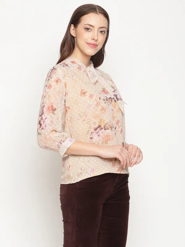 Mettle Women Brown Floral Print Tie-Up Neck Georgette Top