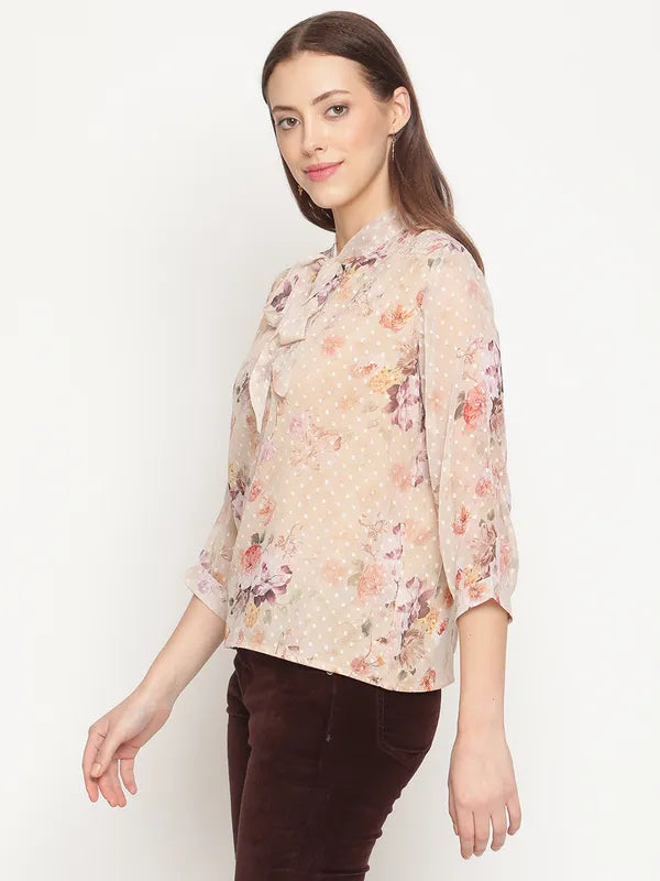 Mettle Women Brown Floral Print Tie-Up Neck Georgette Top