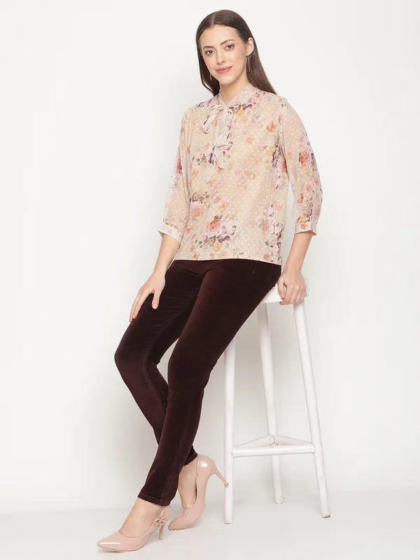 Mettle Women Brown Floral Print Tie-Up Neck Georgette Top