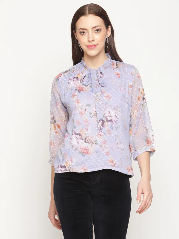 Mettle Blue  Peach-Coloured Tie-Up Neck Top