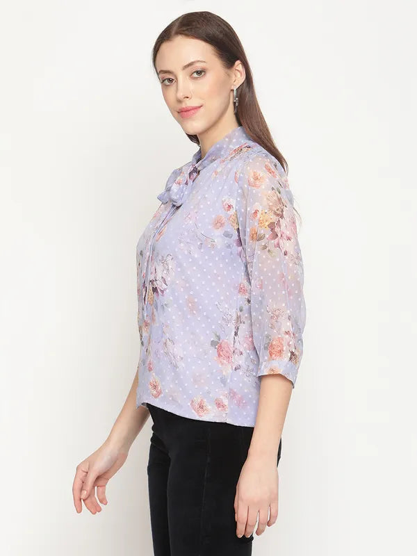 Mettle Blue  Peach-Coloured Tie-Up Neck Top