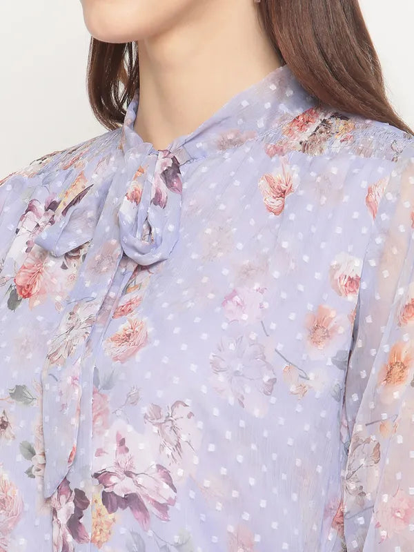 Mettle Blue  Peach-Coloured Tie-Up Neck Top