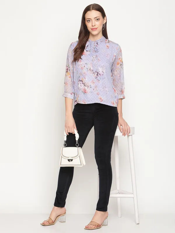 Mettle Blue  Peach-Coloured Tie-Up Neck Top