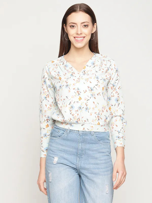 Mettle Women Off White Floral Printed Blouson Crop Top