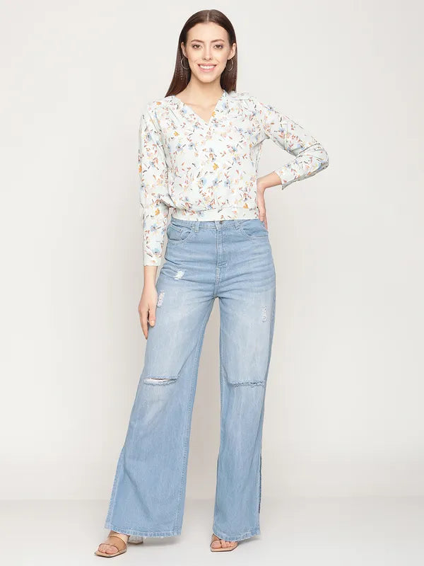 Mettle Women Off White Floral Printed Blouson Crop Top