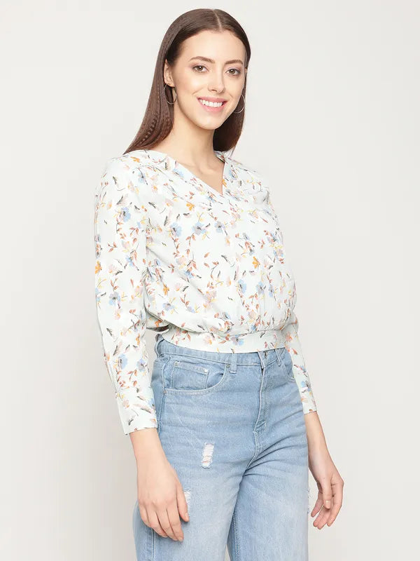 Mettle Women Off White Floral Printed Blouson Crop Top