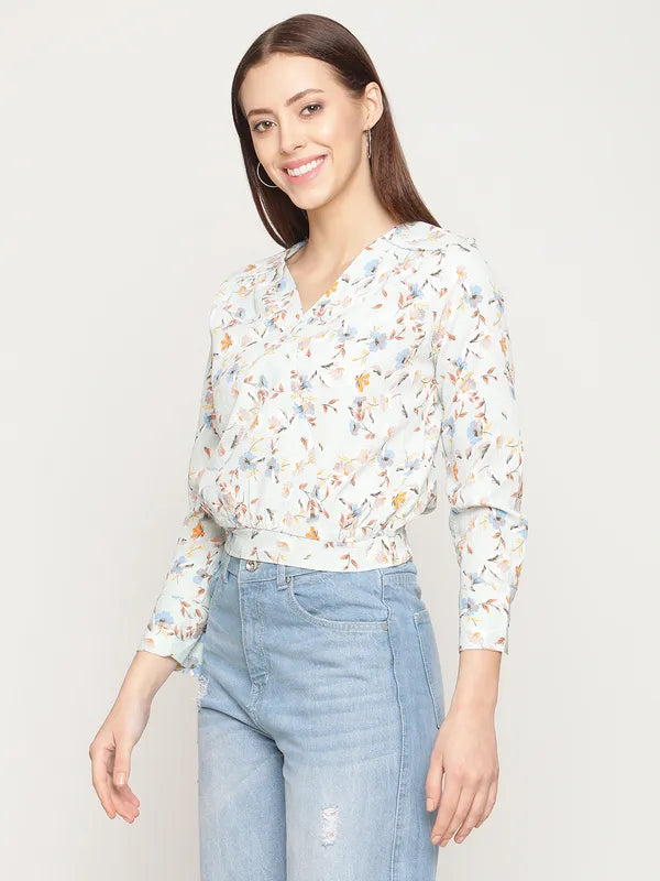 Mettle Women Off White Floral Printed Blouson Crop Top