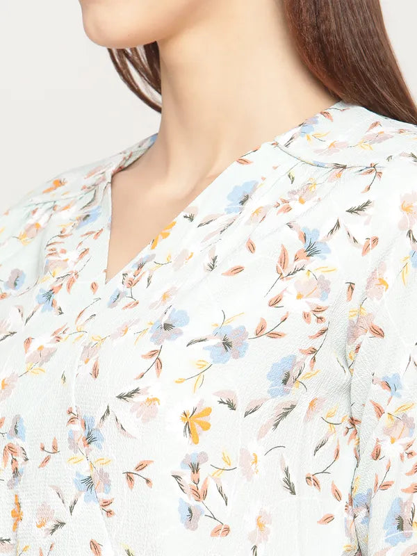 Mettle Women Off White Floral Printed Blouson Crop Top