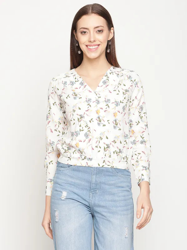 Mettle White  Blue Floral Print Wrap Top