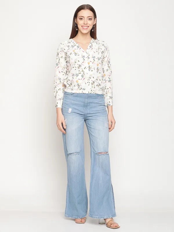 Mettle White  Blue Floral Print Wrap Top