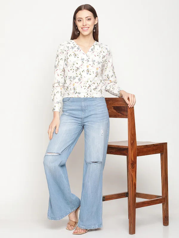 Mettle White  Blue Floral Print Wrap Top