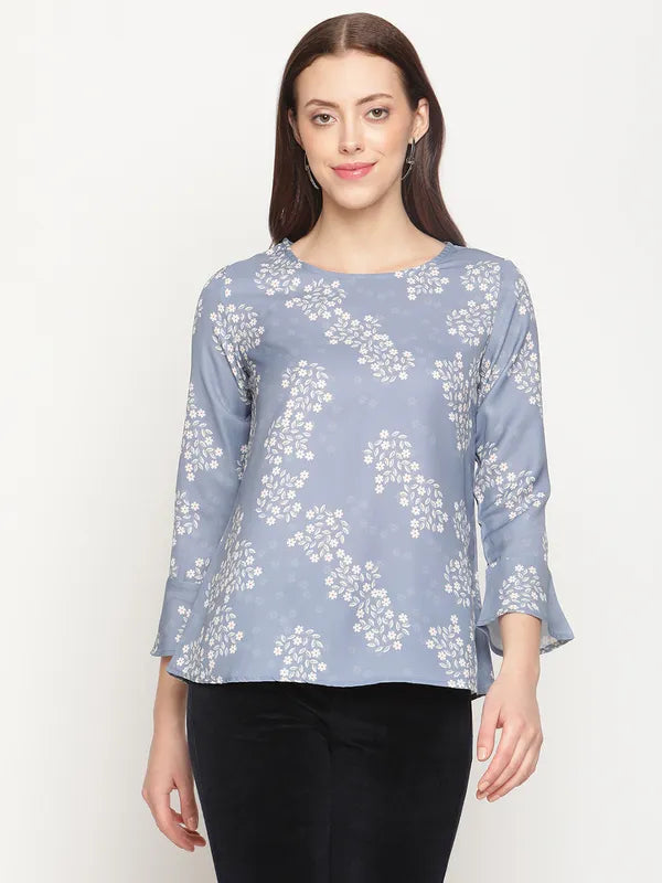 Mettle Grey  White Floral Print Top