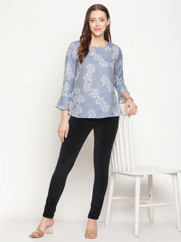 Mettle Grey  White Floral Print Top