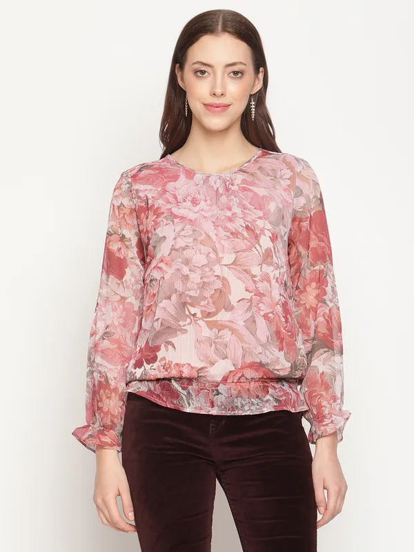 Mettle Women Plus Size Peach-Coloured Floral Print Top