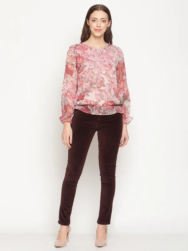 Mettle Women Plus Size Peach-Coloured Floral Print Top