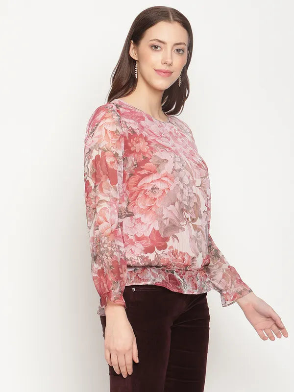 Mettle Women Plus Size Peach-Coloured Floral Print Top