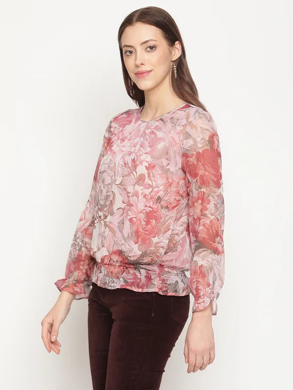 Mettle Women Plus Size Peach-Coloured Floral Print Top