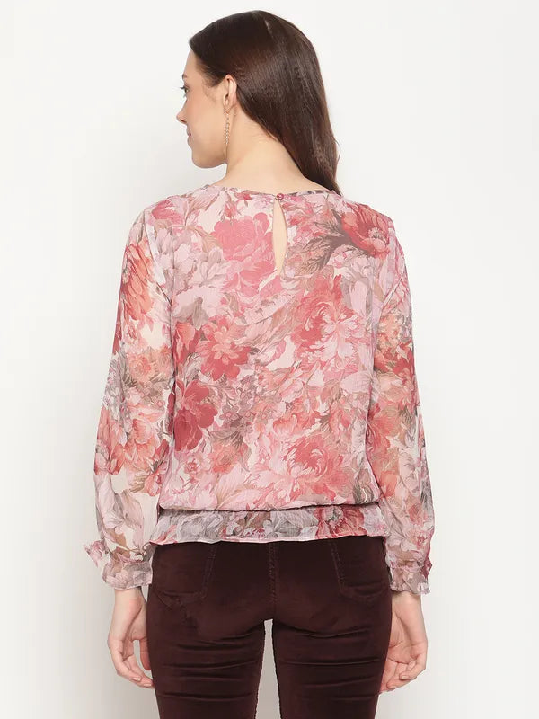 Mettle Women Plus Size Peach-Coloured Floral Print Top