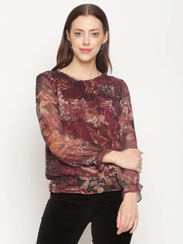 Mettle Maroon Print Blouson Top