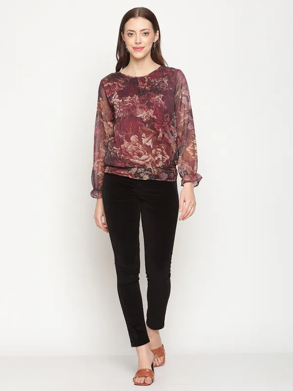 Mettle Maroon Print Blouson Top