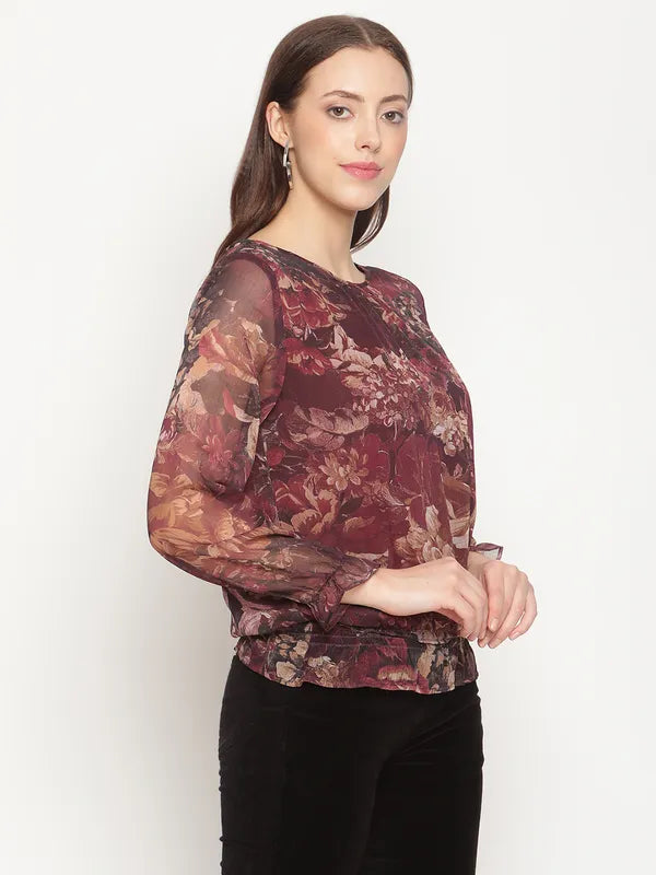 Mettle Maroon Print Blouson Top