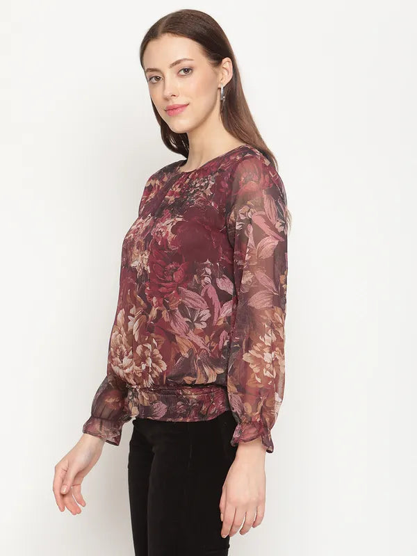 Mettle Maroon Print Blouson Top