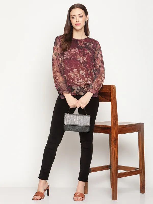 Mettle Maroon Print Blouson Top