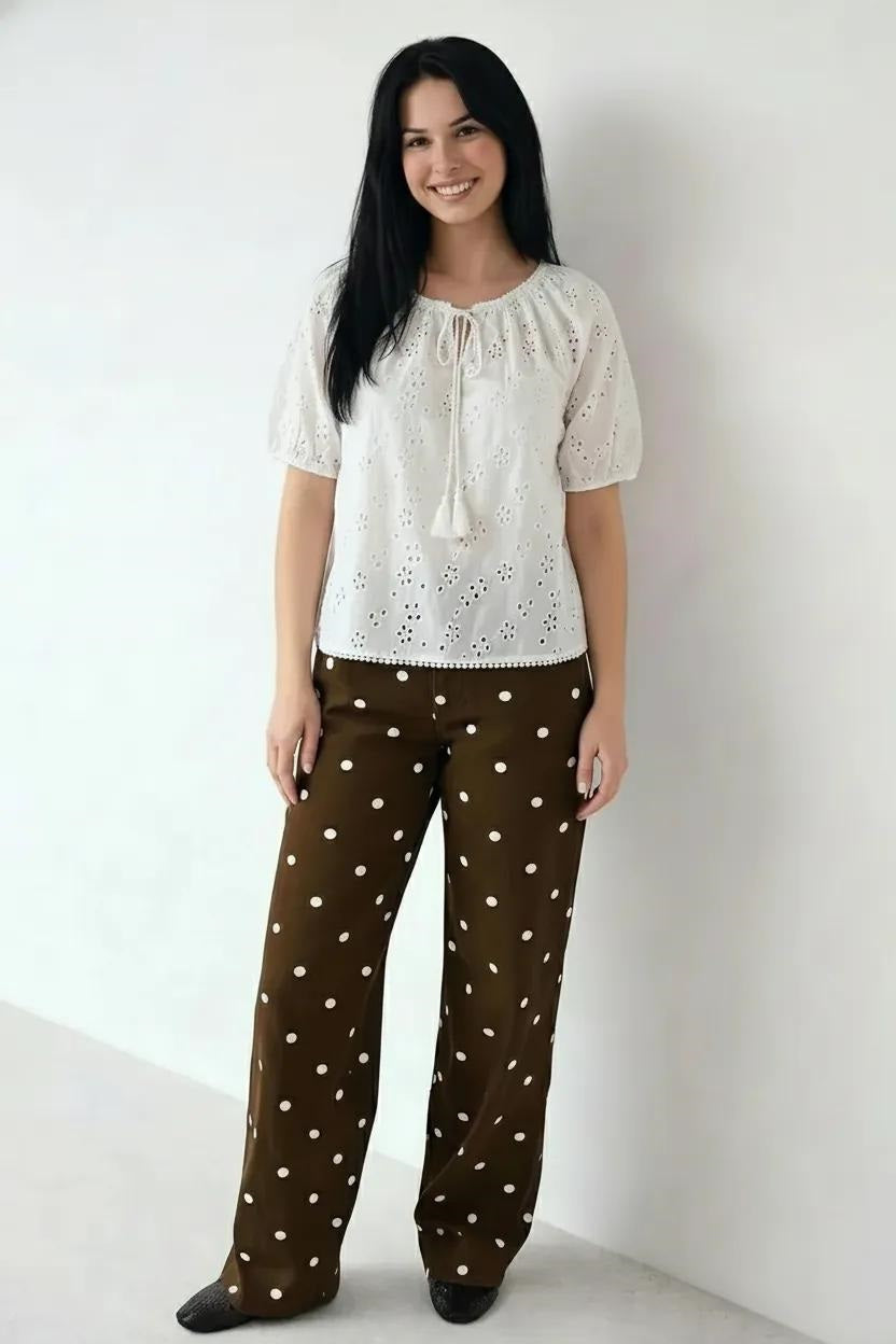 Embroidered Tie-Up Neck Puff Sleeve Cotton Blend Off White Top