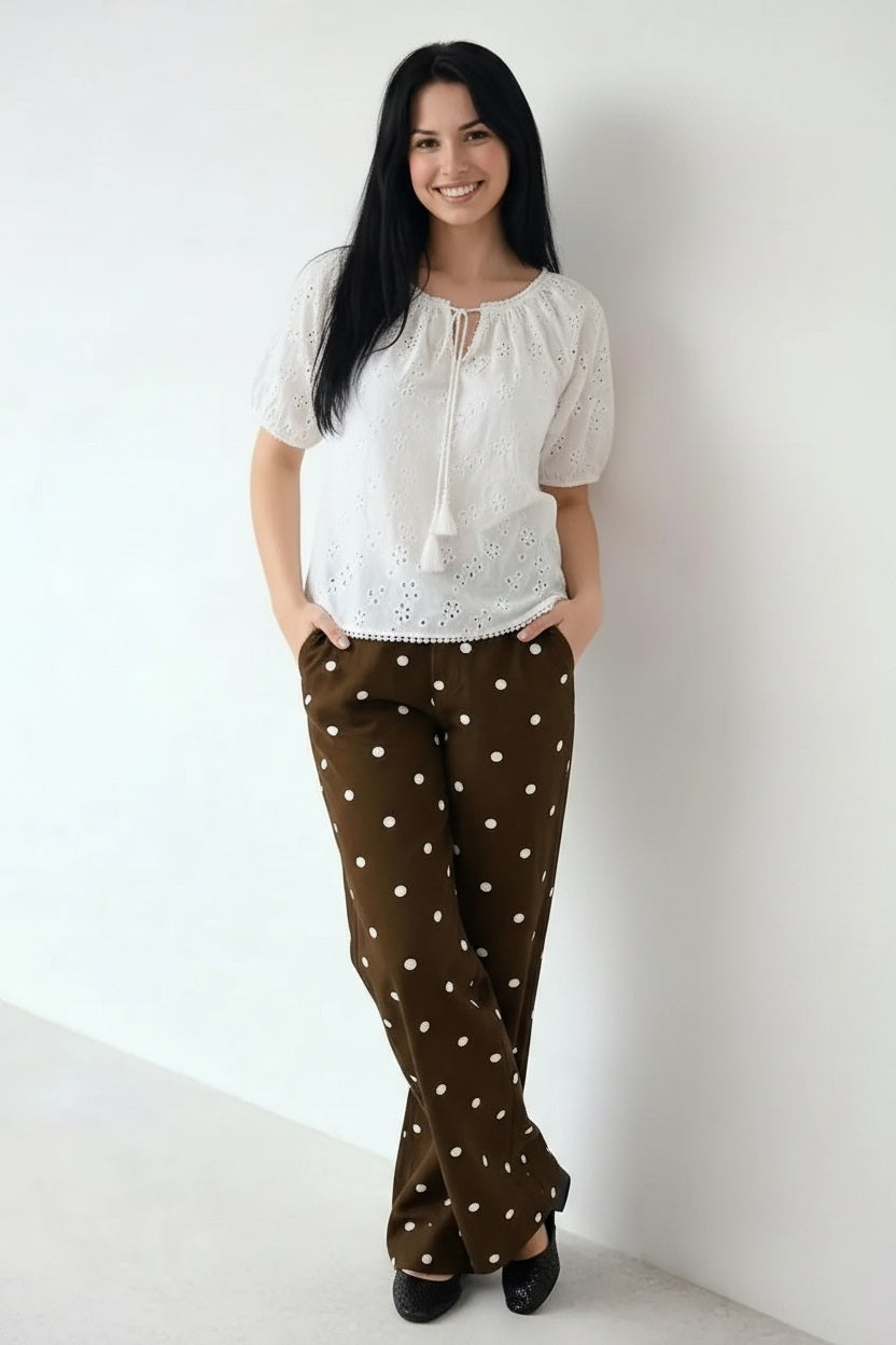 Embroidered Tie-Up Neck Puff Sleeve Cotton Blend Off White Top
