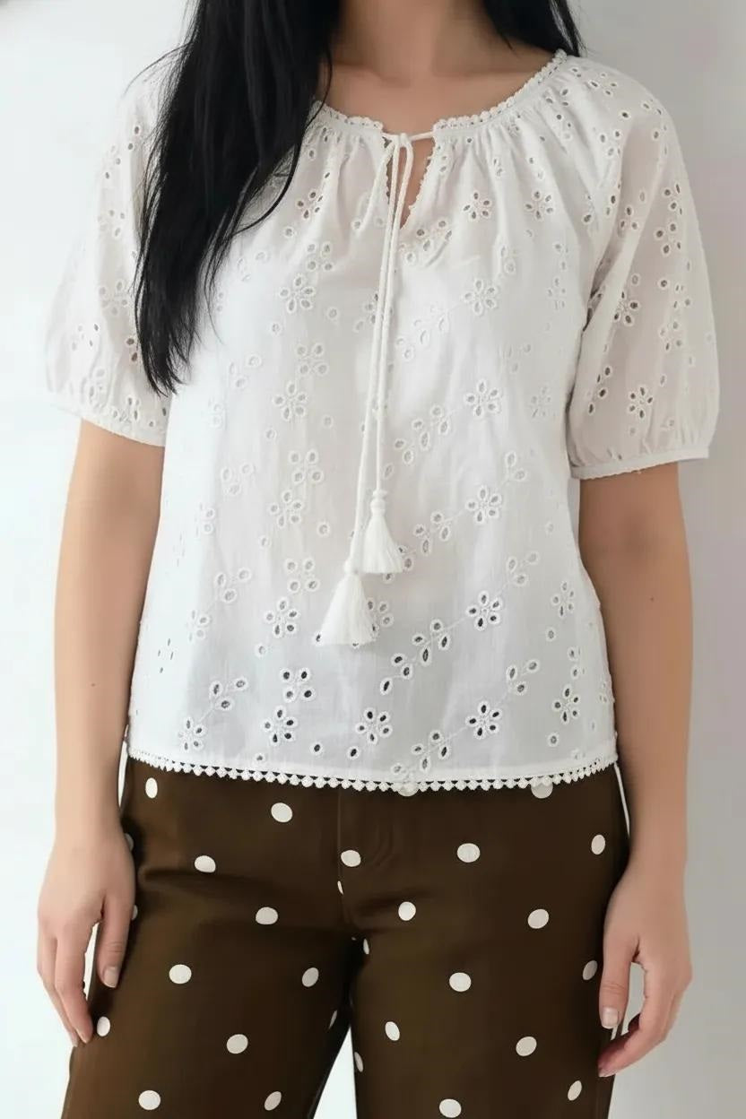 Embroidered Tie-Up Neck Puff Sleeve Cotton Blend Off White Top