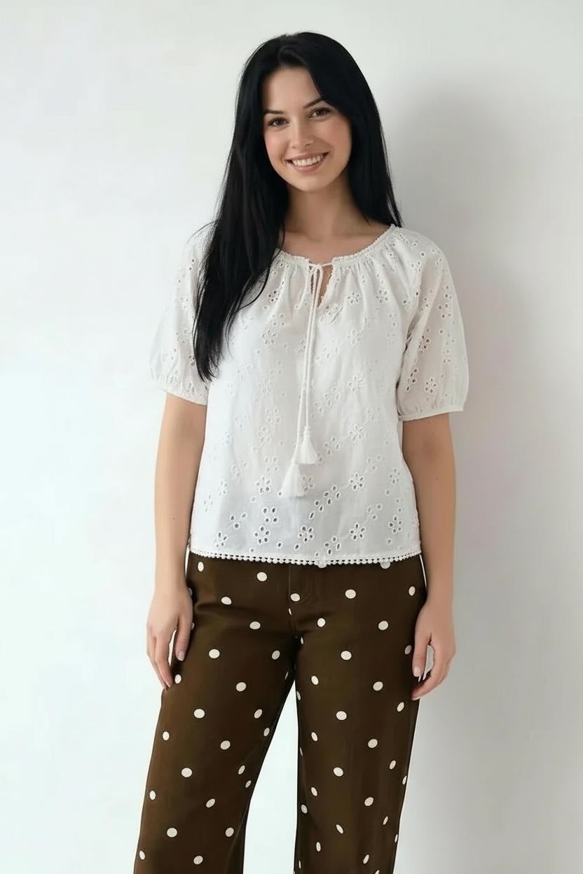 Embroidered Tie-Up Neck Puff Sleeve Cotton Blend Off White Top