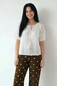 Embroidered Tie-Up Neck Puff Sleeve Cotton Blend Off White Top