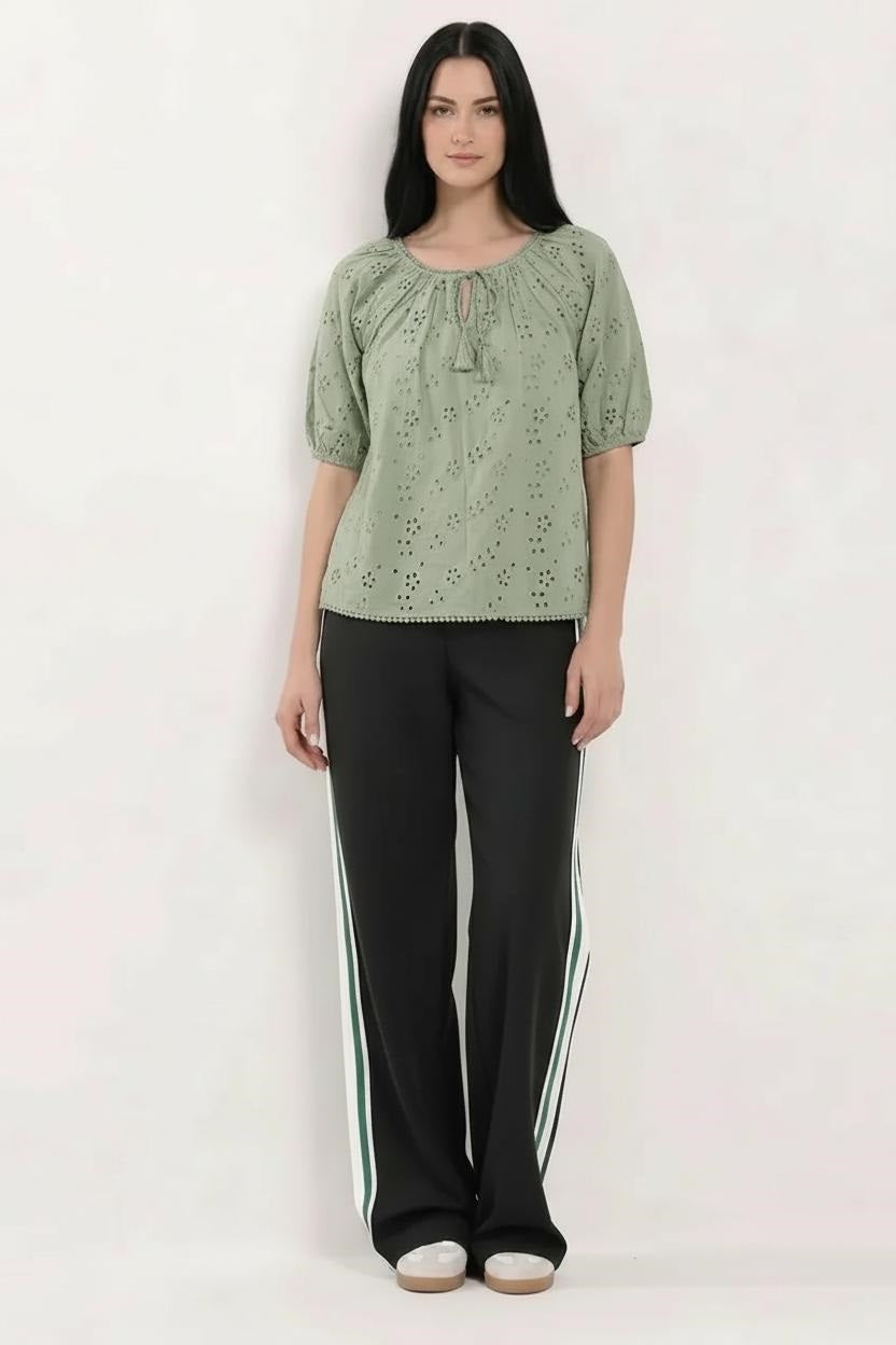 Embroidered Tie-Up Neck Puff Sleeve Cotton Blend Sage Top