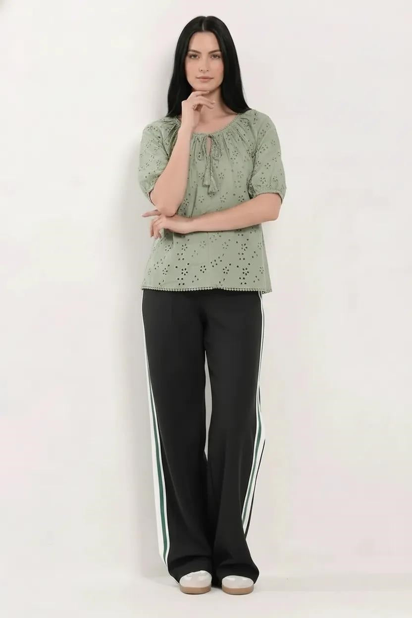 Embroidered Tie-Up Neck Puff Sleeve Cotton Blend Sage Top