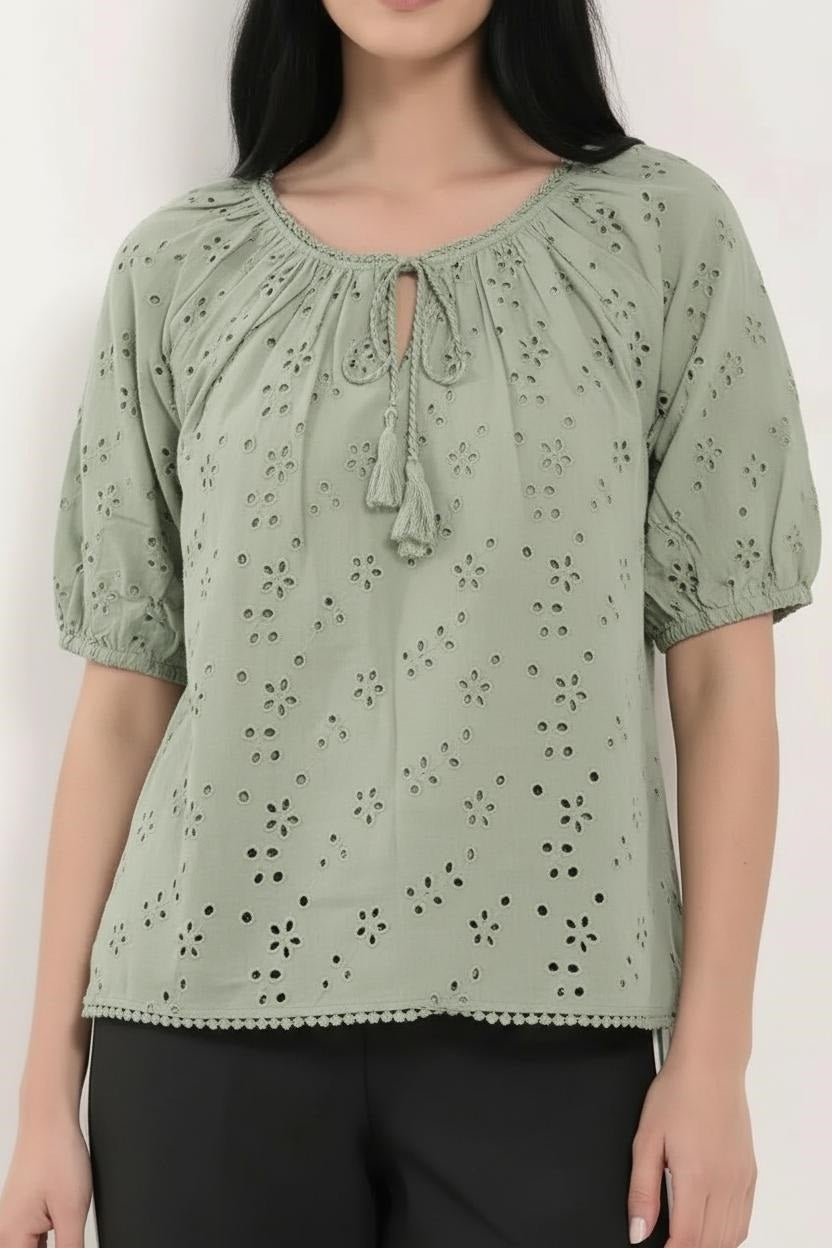Embroidered Tie-Up Neck Puff Sleeve Cotton Blend Sage Top