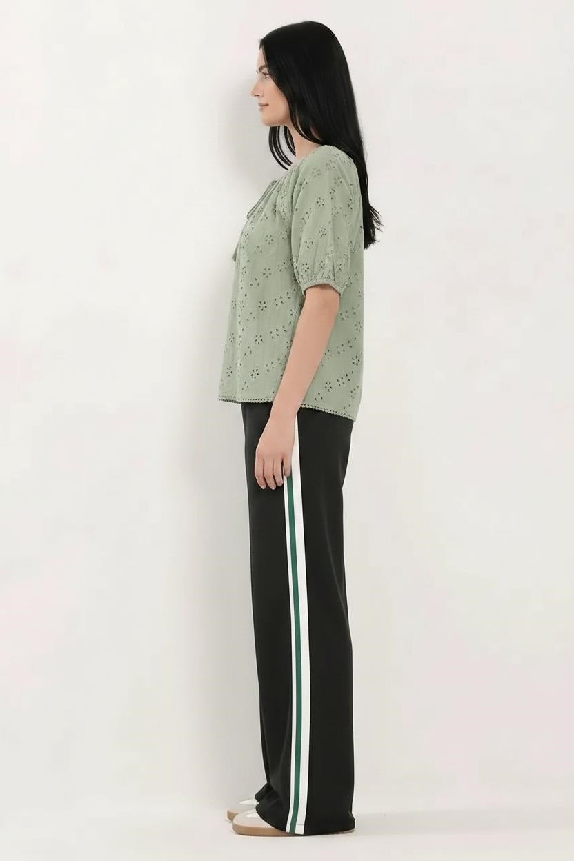 Embroidered Tie-Up Neck Puff Sleeve Cotton Blend Sage Top