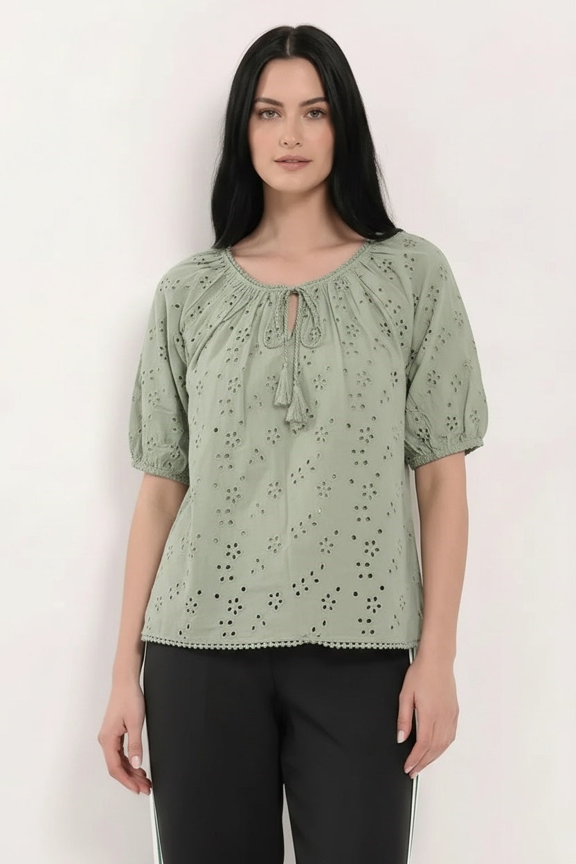 Embroidered Tie-Up Neck Puff Sleeve Cotton Blend Sage Top