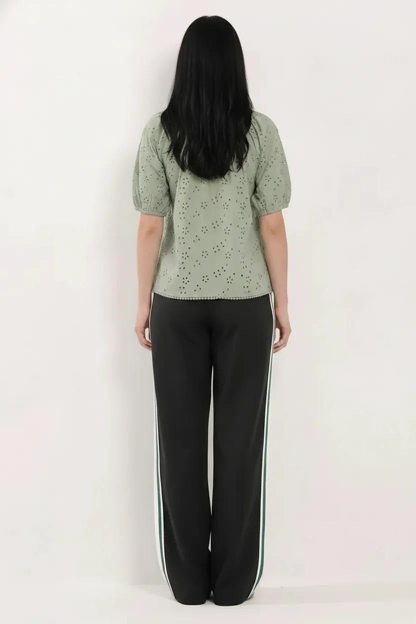 Embroidered Tie-Up Neck Puff Sleeve Cotton Blend Sage Top