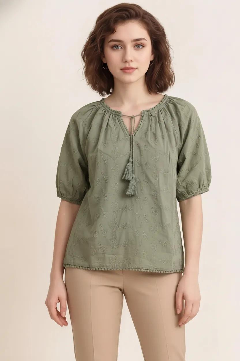 Women Olive Embroidered Tie-Up Neck Puff Sleeve Cotton Top